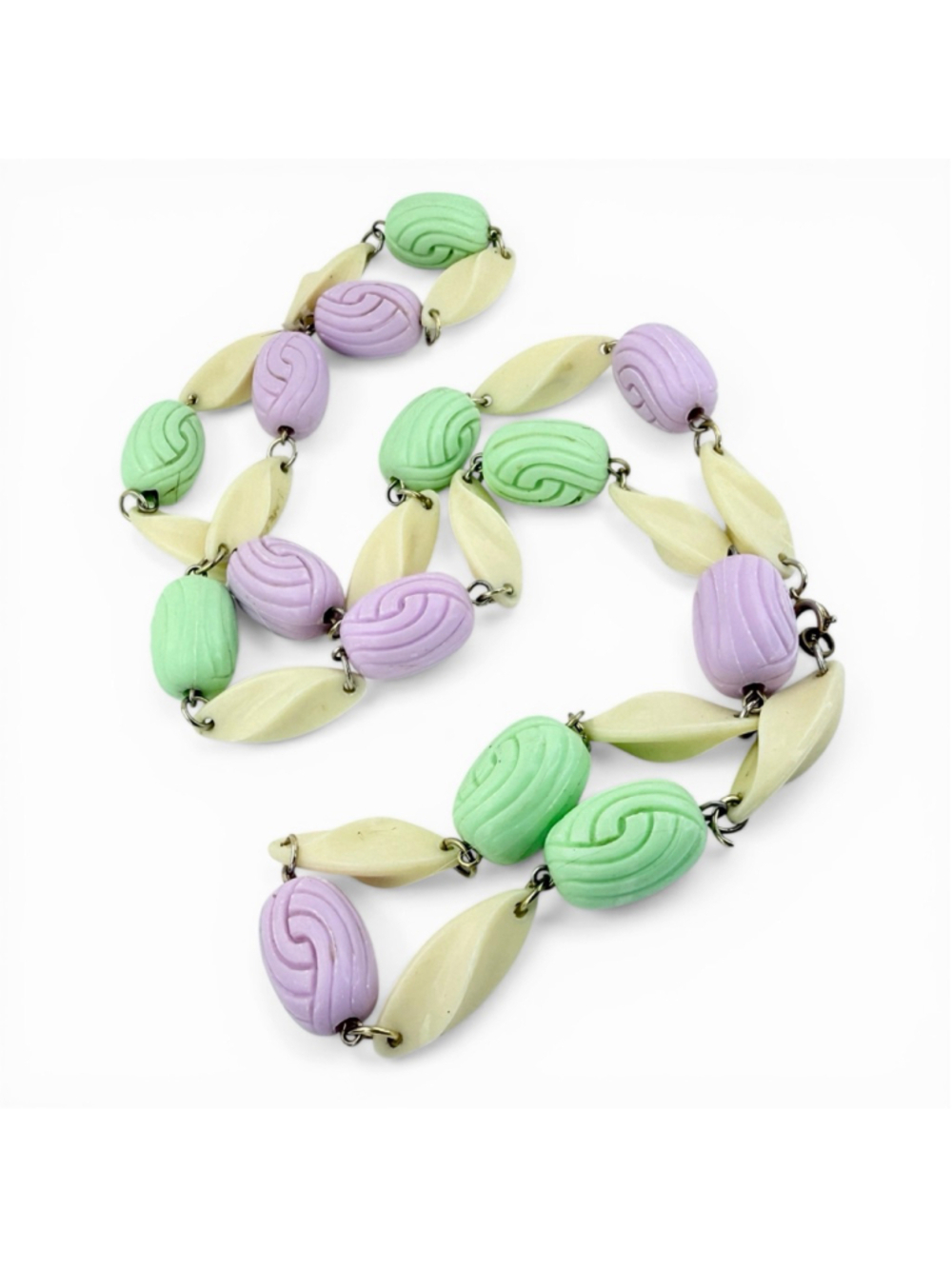 1940s Pastel Beaded Necklace 36” Long Chunky Lucite Celluloid Mid Century